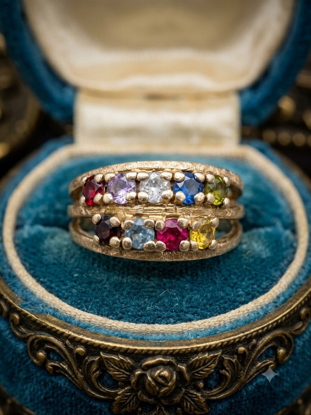 🌙Vintage 14K Gold Multi Birthstone Double Band Statement Ring Bristol Size 8.5